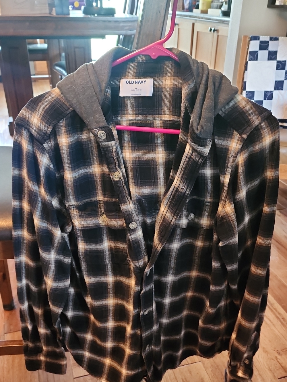 Old Navy Black and Cream Plaid Hooded Shirt